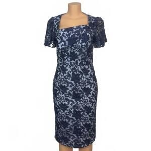 JS Collection Navy Blue Lace Floral Patterned Women's Dress with Square Neckline